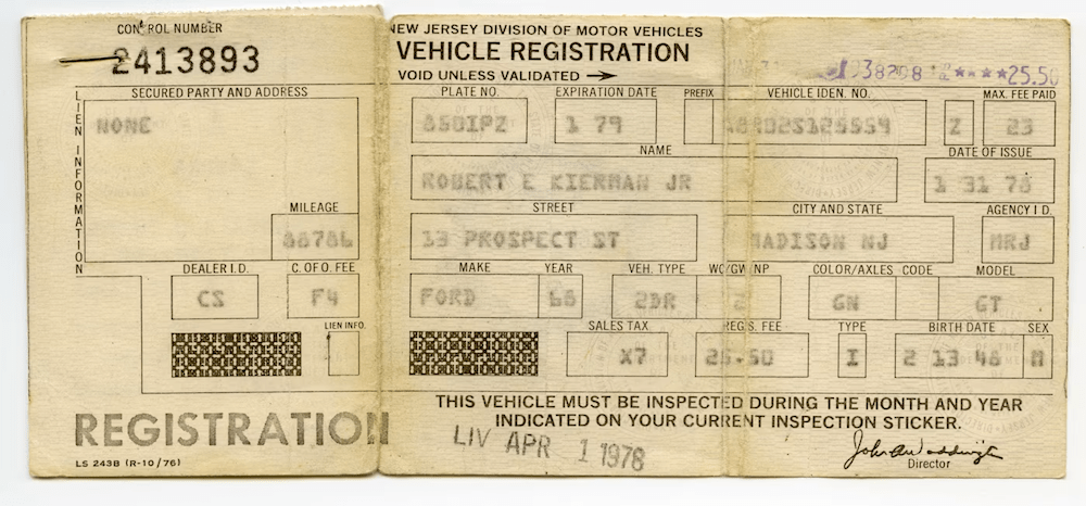 Le certificat d'immatriculation de Robert Kiernan enregistré dans le New Jersey. - propriété de Sean Kiernan.