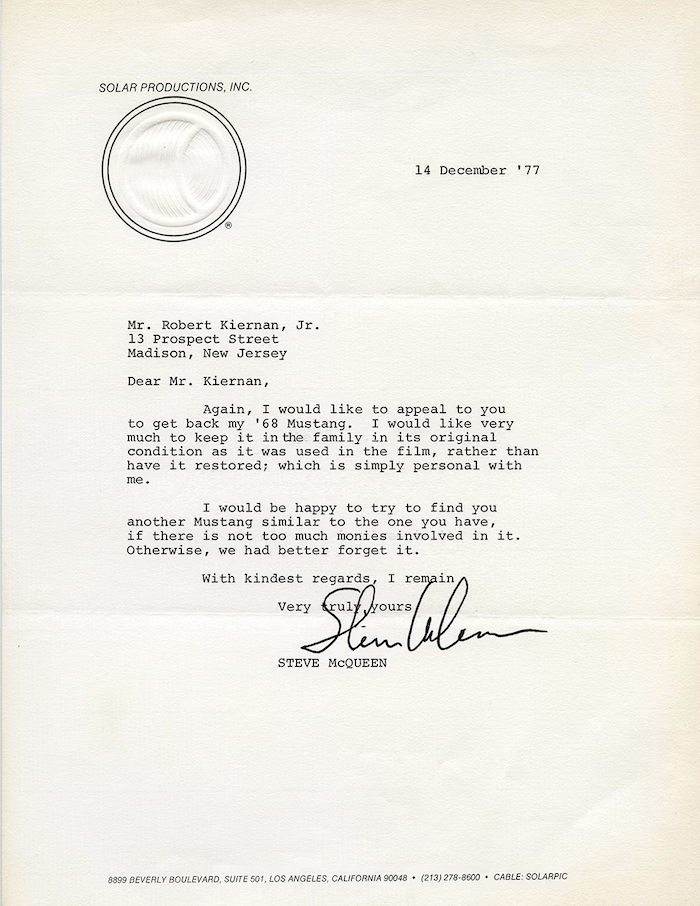Lettre de Steve McQueen à Robert Kiernan. - source : Sean Kiernan