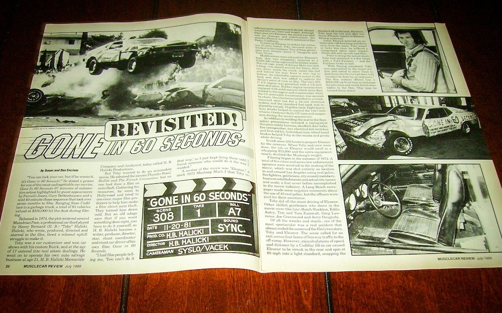 En juillet 1989, la revue Musclecar Review évoque encore Eleanor comme “badly bruised but still running”, preuve précieuse de la survie de la voiture à la veille de la mort de Toby Halicki. Susan & Dan Encinas, Musclecar Review, juillet 1989, p. 20-22. Photo transmise par Kurt Kaminer.