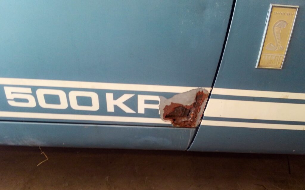 Le temps a laissé des traces, notamment une corrosion visible sur l'aile avant : la preuve d'une Shelby qui a vécu plutôt que d'attendre.