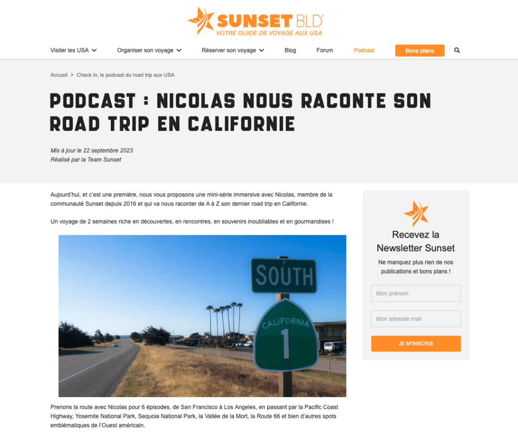 Capture d'écran du site Sunset BLD, sur la page du podcast que j'ai enregistré avec JC.