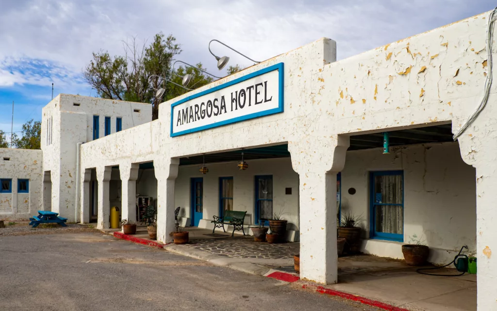 The entrance to the Amargosa Hotel in the early morning.