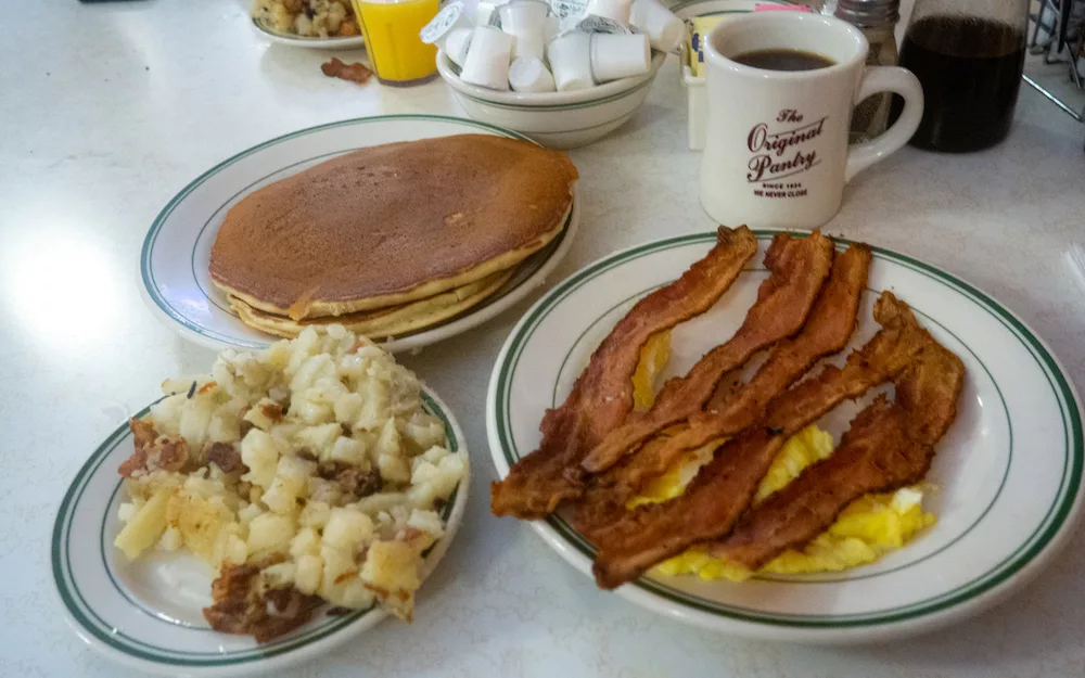 My breakfast plates at the Original Pantry Cafe in Los Angeles.