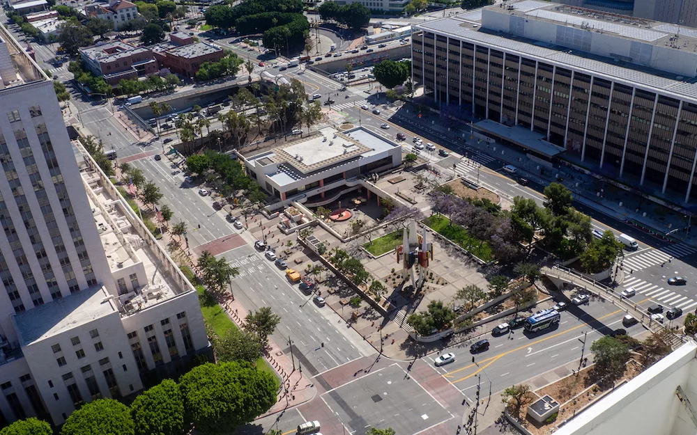 View of the mall and public art "Triforium" wedged between the courthouse and a federal building.