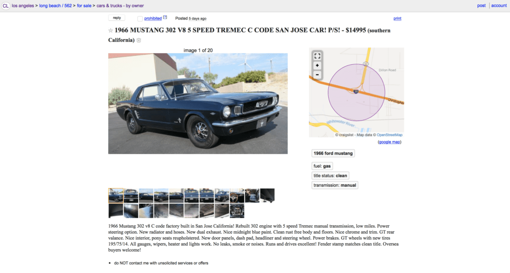 L'annonce proposant ma Ford Mustang 66 à la vente sur Craigslist.