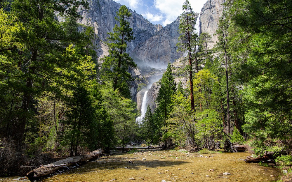 Au départ du Lower Yosemite Fall Trail, nous découvrons de près la puissance de la cascade et la fraîcheur de l’eau.