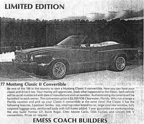 Publicité d’époque Emess Coach Builders annonçant la production limitée à 100 exemplaires de la Mustang II Classic II décapotable
