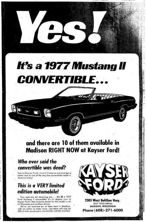 Publicité Kayser Ford annonçant la vente de dix Mustang II Classic II décapotables à Madison dans les années 1970
