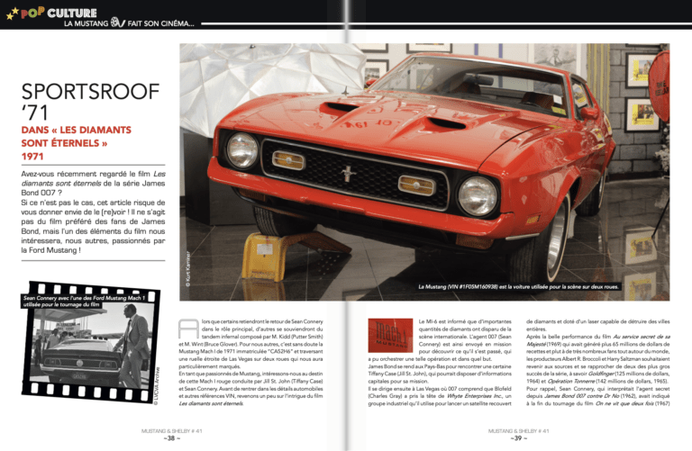Premières pages de mon article sur la Mustang utilisée par James Bond dans Les Diamants sont Éternels.
