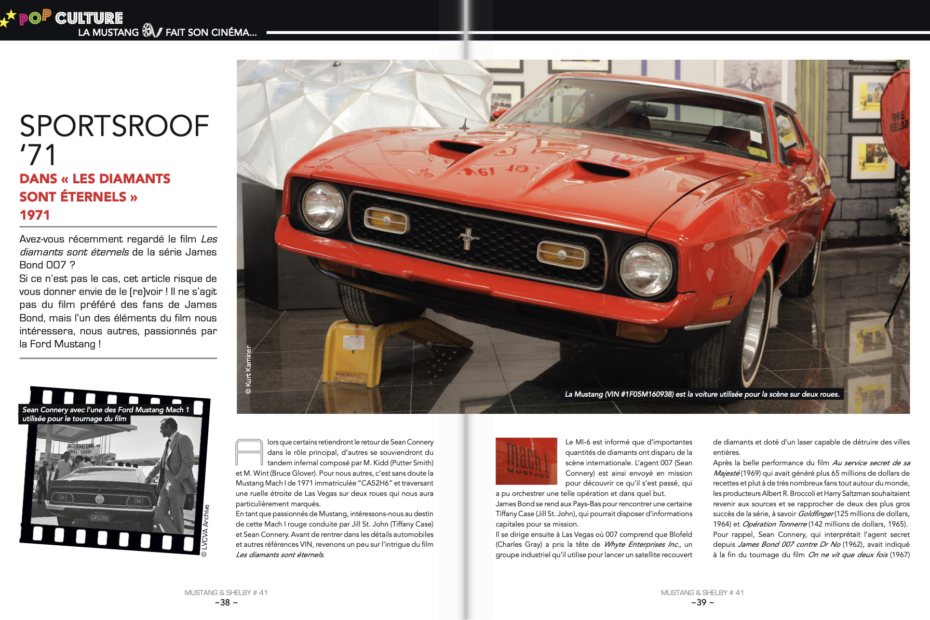 Premières pages de mon article sur la Mustang utilisée par James Bond dans Les Diamants sont Éternels.