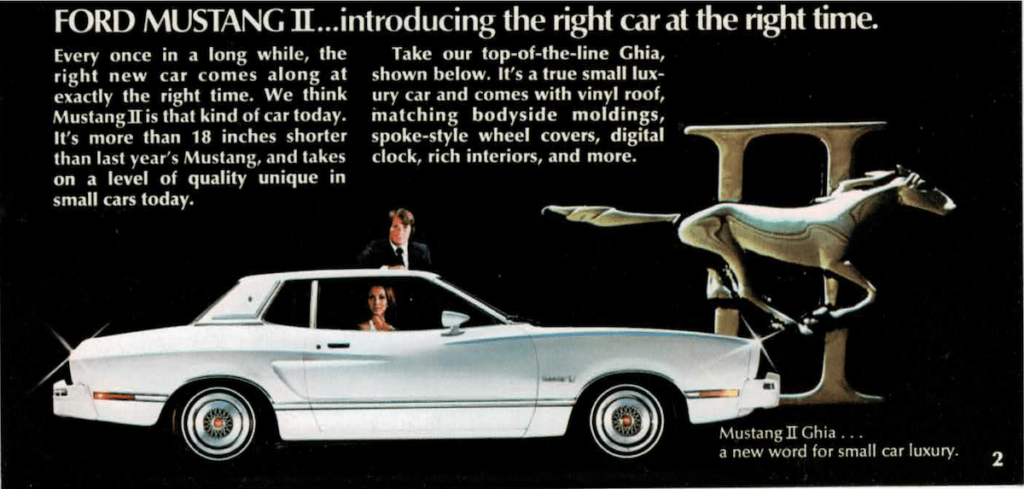 Brochure Ford Mustang II GHIA de juillet 1974 présentant la GHIA comme une nouvelle vision du luxe automobile compact