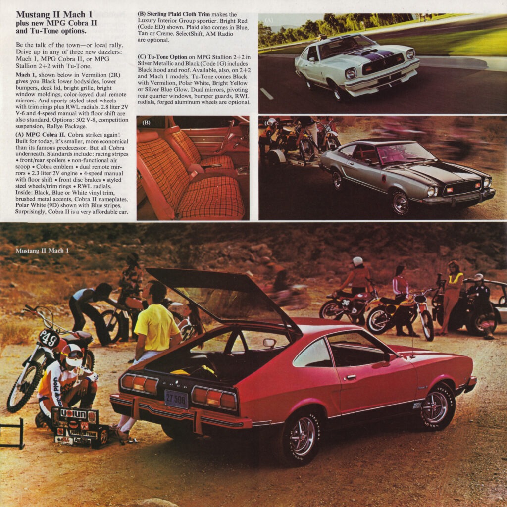 Catalogue commercial illustrant les versions MPG des Mustang II Cobra II et Stallion 2+2.