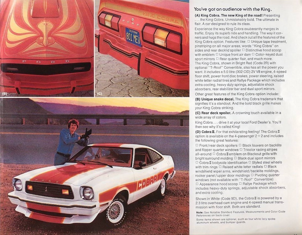 Détails d'une brochure de Ford en 1978 représentant la King Cobra et ses spécificités.