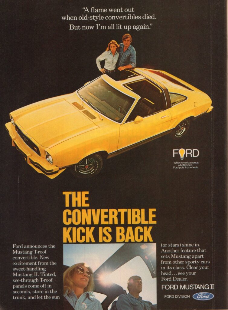 Publicité présentant la Mustang II T-roof en 1977.