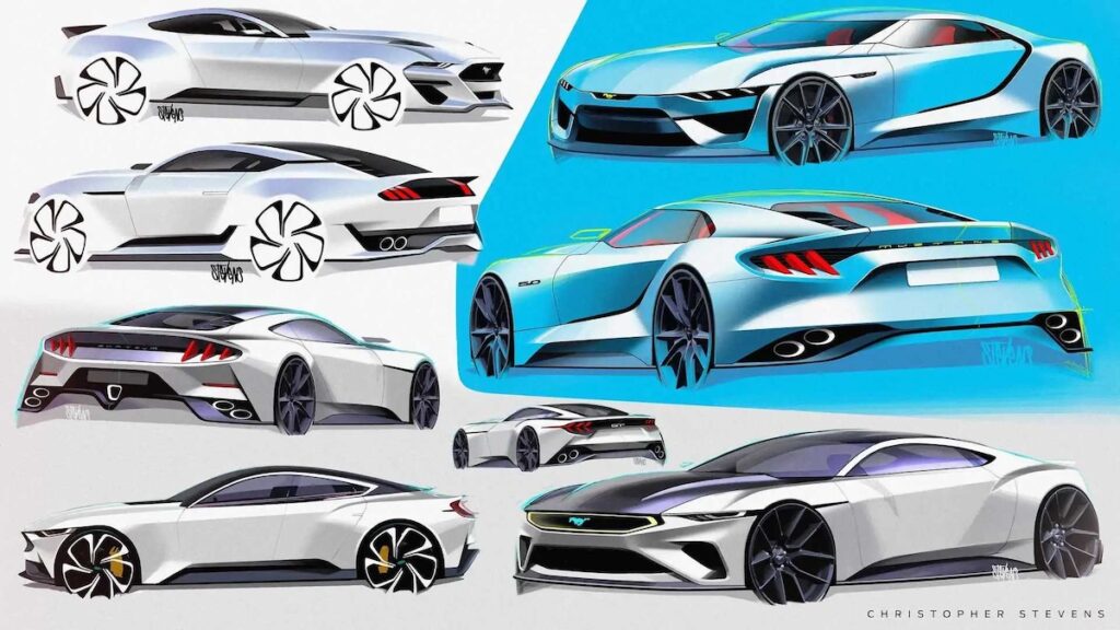 Illustration d'une possible Mustang quatre portes réalisée par Christopher Stevens en 2022, soit deux ans avant que Jim Farley n'évoque publiquement cette possibilité. Courtoisie Ford.
