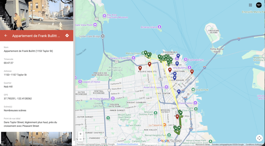 La carte interactive permet de localiser les principaux lieux de tournage de Bullitt et de visualiser les différentes portions de la course-poursuite.