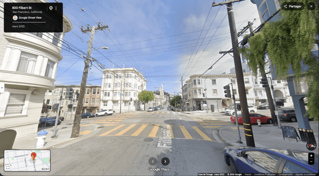L'intersection de Taylor et Filbert Streets vue depuis Google Street View.