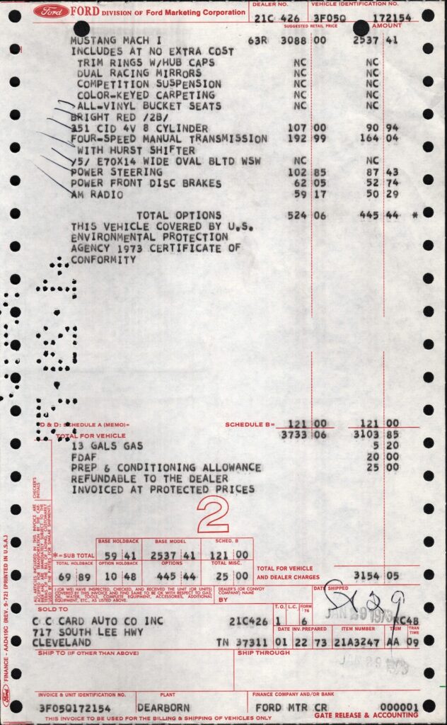 Facture d’origine de la Mustang Mach 1 1973 de Heather