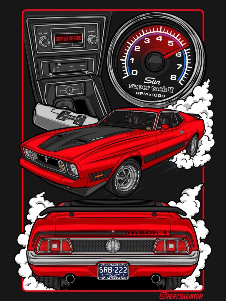 Illustration de la Mustang Mach 1 1973 réalisée par Heather pour Stanced Sketches